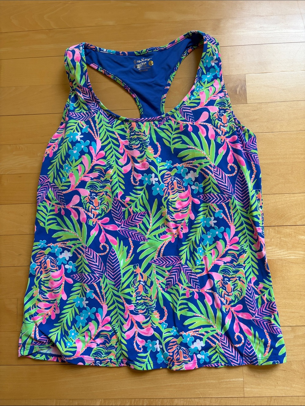 Lilly Pulitzer Blue Neon Pink Green Tropical Racerback Tank